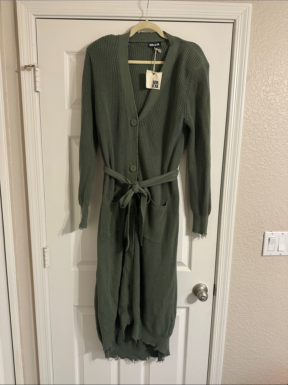 SER.O.YA Olive Green Long Belted Knit dress